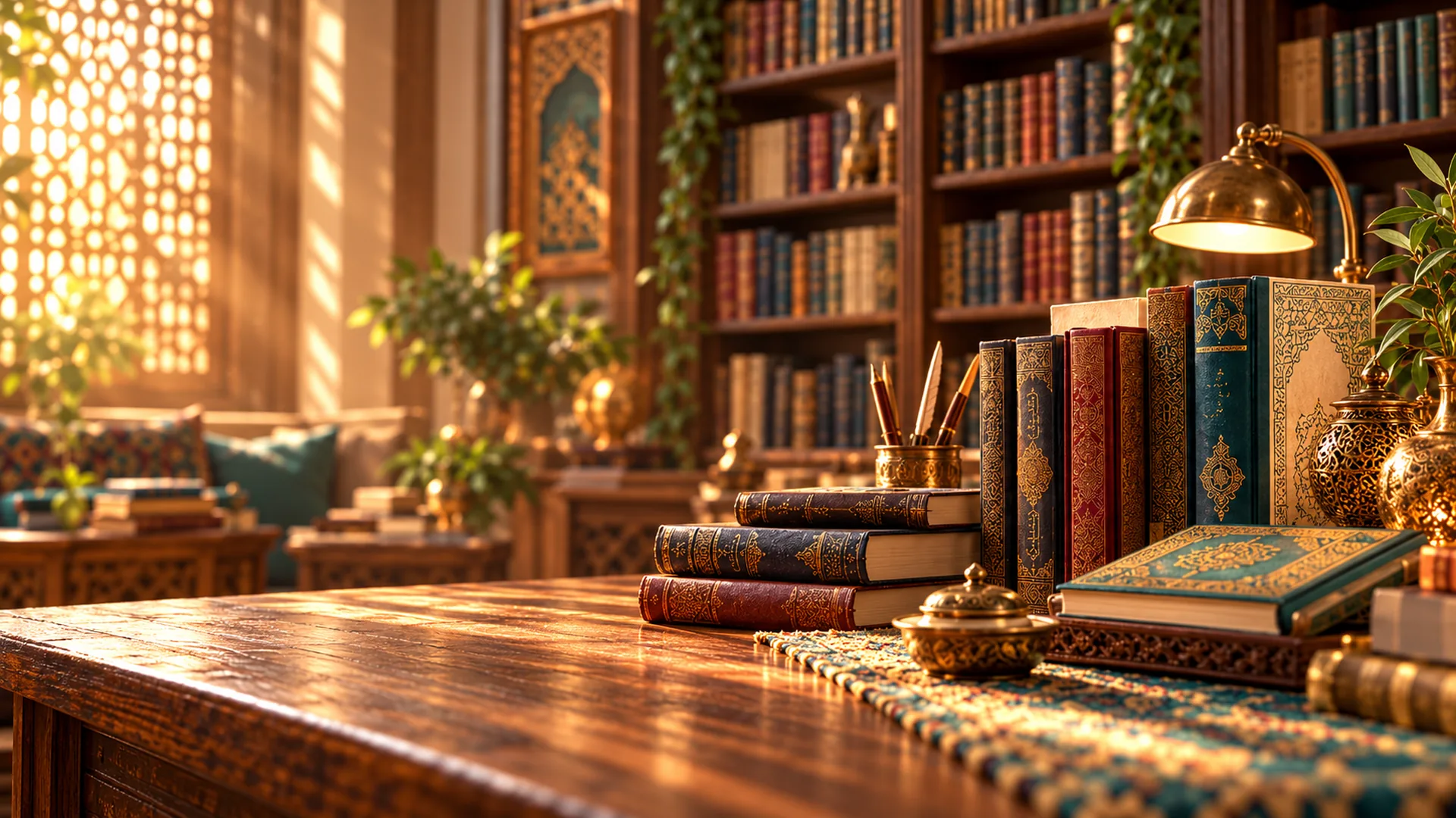 ركن قراءة أنيق ومكتبة عربية فاخرة