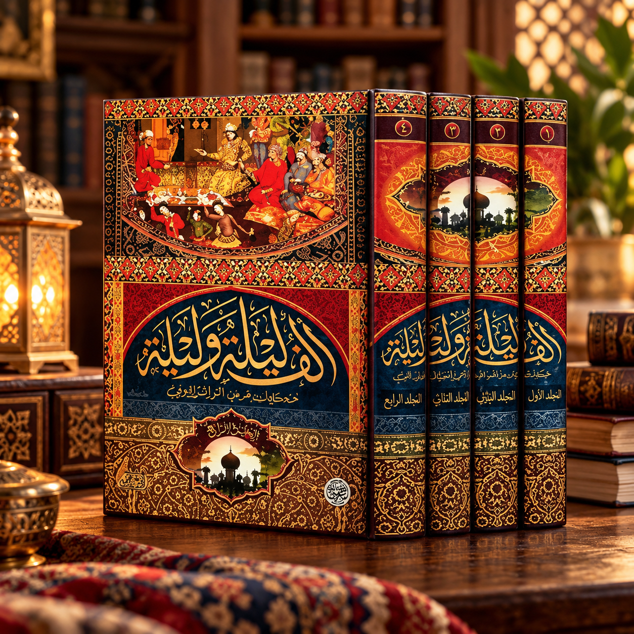 Arabian Nights Book Set in an Ornate Library ألف ليلة وليلة — 4 مجلدات - الصورة 1